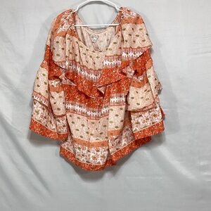 NWT Cato 14/16W Orange and Cream Patterned ruffled Blouse